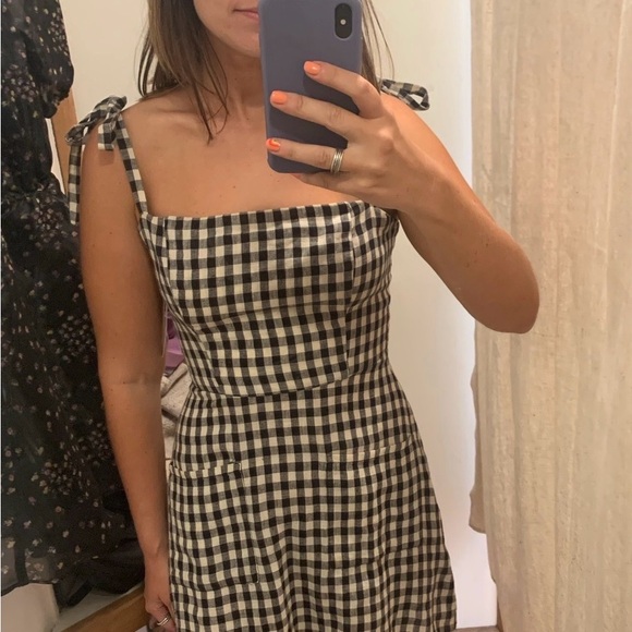 Reformation Gingham Tie-Shoulder Mini Dress in Black and Cream - Picture 3 of 6